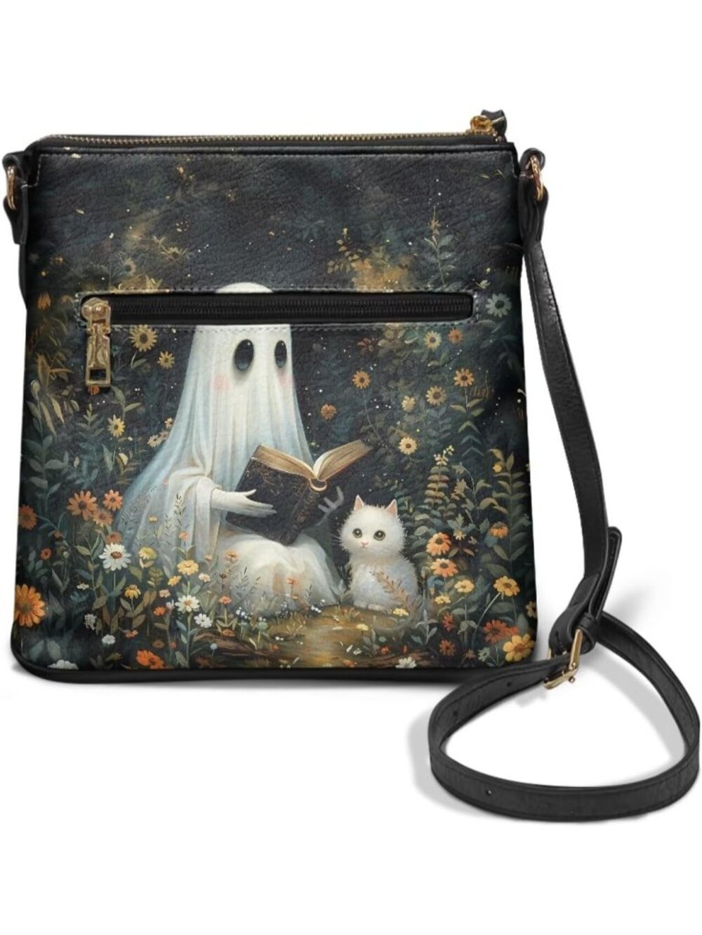 πWomen's Ghostly Cat Crossbody Bag Leather Handbag Sling Bag Large Hobo Bag - Picture 4 of 6
